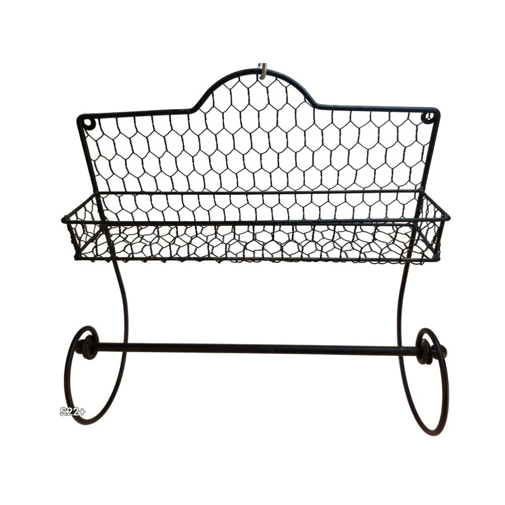 Black Metal Wire Wall-Mounted Shelf & Paper Towel Holder With Decorative Chicken